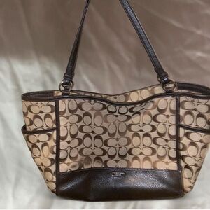 Coach Brown and Tan Signature Shoulder Bag